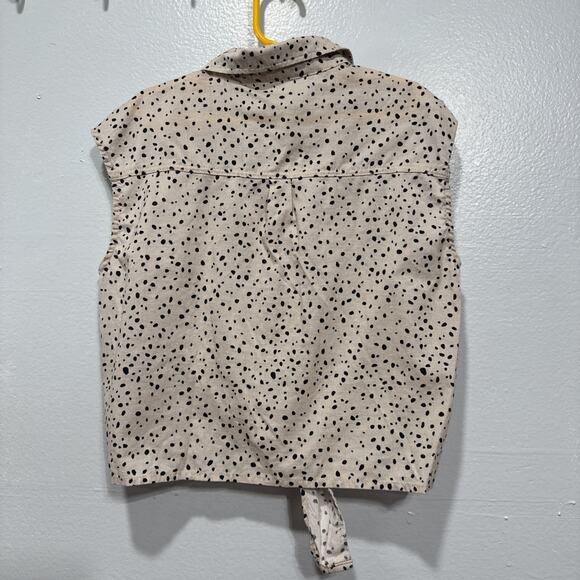 H&M Girls Sleeveless Button-Up Tie Shirt Size 12 Tan Black Dots Top Blouse - Picture 3 of 8